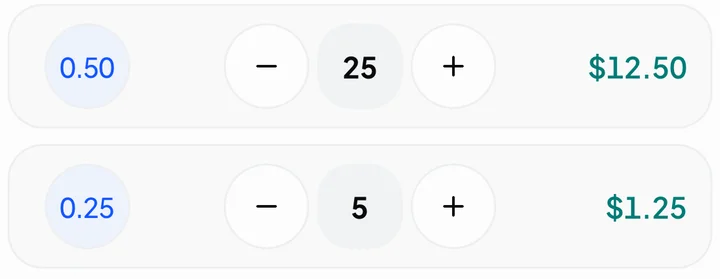 CashierHelper coin rows showing 5 quarters and a $1.25 subtotal.