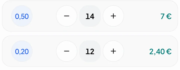 Lignes de pièces dans CashierHelper, avec 12 pièces de 20 centimes et un sous-total de 2,40 €.
