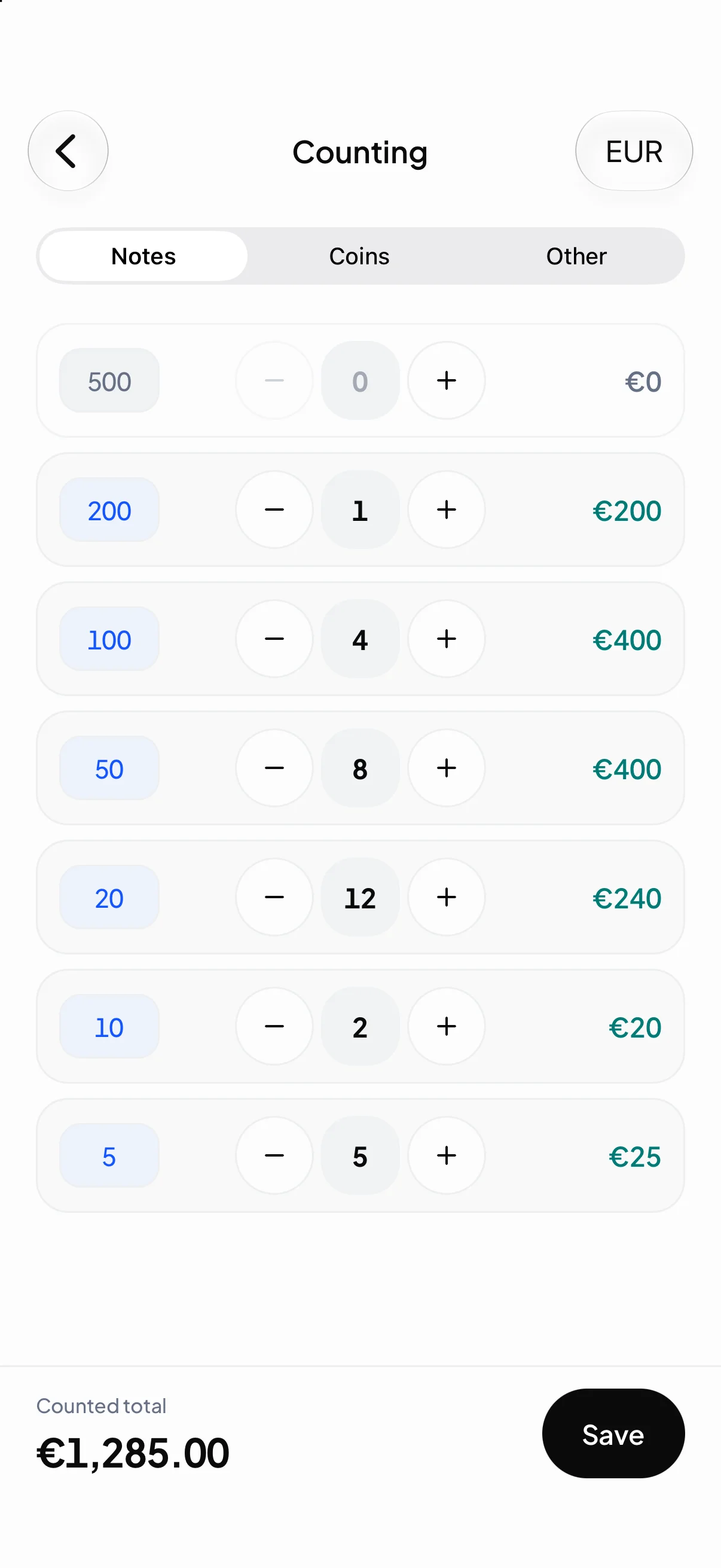 Écran de comptage de caisse de CashierHelper