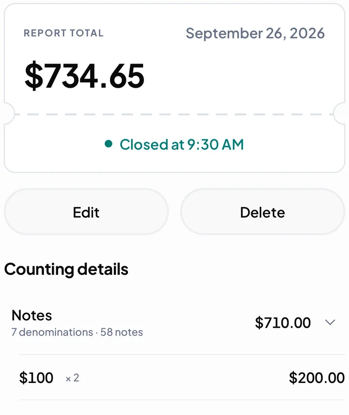 CashierHelper report showing a dated $734.65 total and denomination details.
