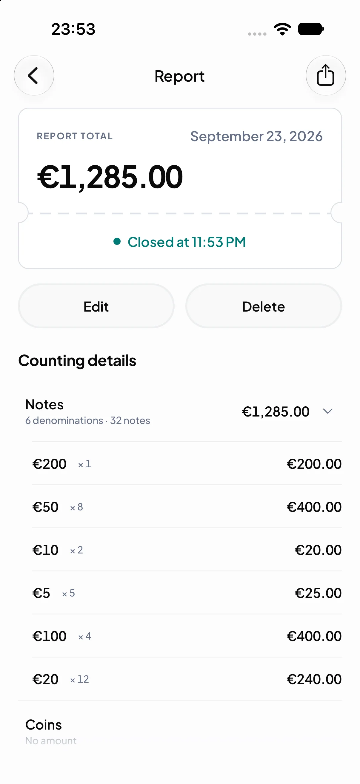 Écran du rapport de clôture de CashierHelper