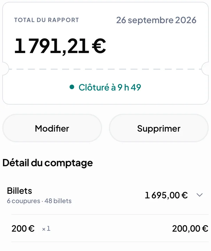 Rapport CashierHelper avec la date, le détail des billets et un total de 1 791,21 €.